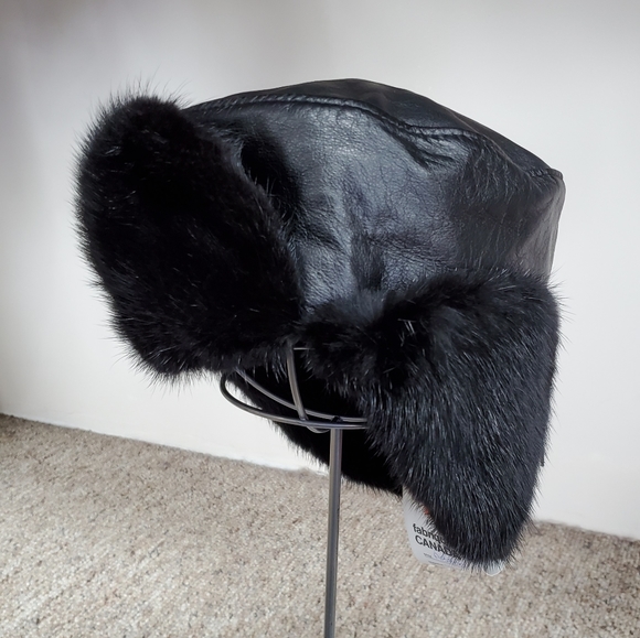 Black Mink Fur and Leather Trooper Hat - Picture 6 of 6